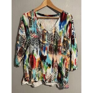 Tianello Tunic Womens Small Multicolor Geometric V Neck 3/4 Sleeve Artsy Boho